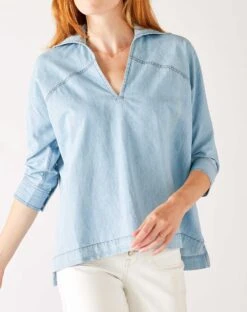 Poppy Popover Top -Mersea womens light blue chambray relaxed fit cuffed sleeves faux pearl snap detail popover top front view