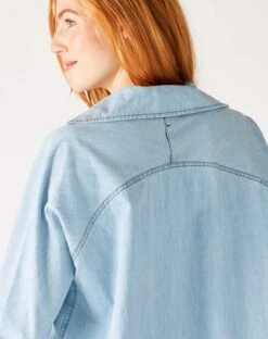 Poppy Popover Top -Mersea womens light blue chambray relaxed fit cuffed sleeves faux pearl snap detail popover top rear view
