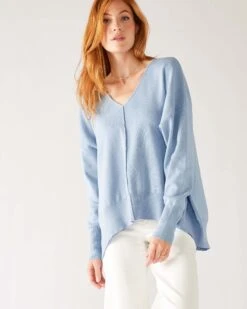 Toujours V-neck Sweater -Mersea womens light blue everyday high low waist jersey knit pullover v neck troujour sweater front view