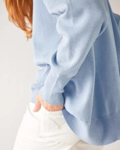 Toujours V-neck Sweater -Mersea womens light blue everyday high low waist jersey knit pullover v neck troujour sweater side view waist detail