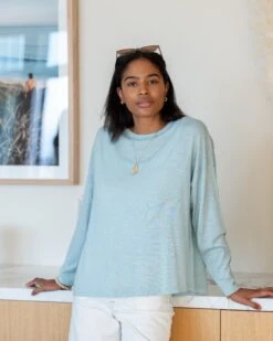 Delmar Sweater -Mersea womens light blue lightweight sweater one sized front view