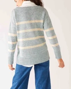 Seasider Boatneck Sweater 11 Seasider Boatneck Sweater -Mersea womens light blue white striped heather lightwieght crewneck seasider sweater rear view