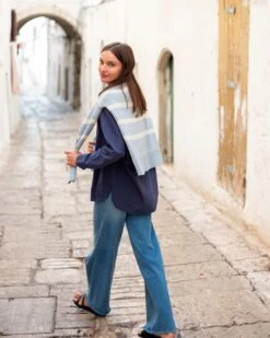 Seasider Boatneck Sweater 13 Seasider Boatneck Sweater -Mersea womens light blue white striped heather lightwieght crewneck seasider sweater walking travel destination look