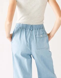 Sammie Chambray Pant -Mersea womens light blue wide leg deep pocket jeans rear view close up pocket detail