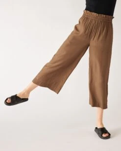 Ibiza Pant 15 Ibiza Pant -Mersea womens light brown lightweight wide leg pant front view ruffle paperbag waist 243cd0bf e604 47ac a358 bc03ae71888d