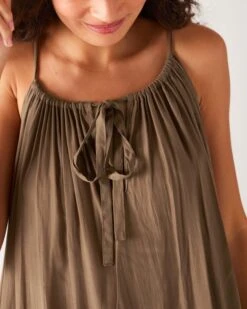 Patio Dress -Mersea womens light brown loose fit pullover maxi dress front view close up neck line detail 90288f9d ee12 42d6 ab6d 26b6acac21ee