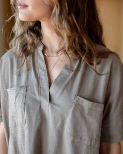 Amelia Short Sleeve Tee -Mersea womens light brown short sleeve tee one size chest view pocket detail