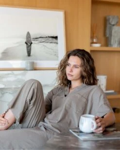 Amelia Short Sleeve Tee -Mersea womens light brown short sleeve tee one size full body view sitting coffee