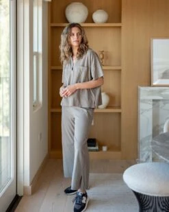 Traveler Tee Pant -Mersea womens light brown travel pant side view