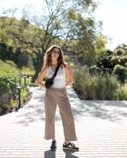 Traveler Tee Pant -Mersea womens light brown travel pant travel look front view