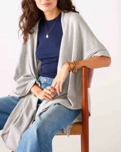 Charleston Travel Wrap -Mersea womens light grey heathered cashmere lightweight travel wrap sitting front view