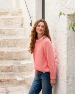 Amalfi Crewneck Pullover 21 Amalfi Crewneck Pullover -Mersea womens light pink soft crewneck stitched sweater front view travel destination look
