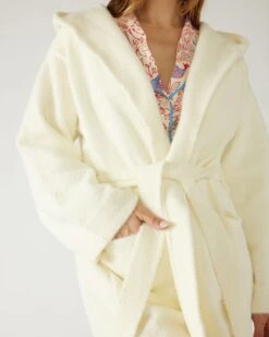 Goodnite Moon Hooded PJ Robe -Mersea womens loungewear nylon white shawl collar patch pockets self belt goodnight moon pj robe self belt detail