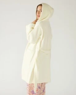 Goodnite Moon Hooded PJ Robe -Mersea womens loungewear nylon white shawl collar patch pockets self belt goodnight moon pj robe side view with hood