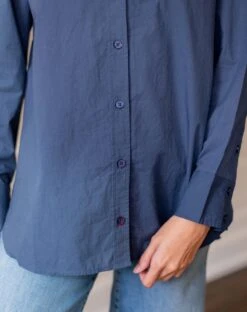 Brontë Relaxed Button Up Shirt 39 Brontë Relaxed Button Up Shirt -Mersea womens navy blue breathable relaxed fit button up shirt close up front view detail buttons