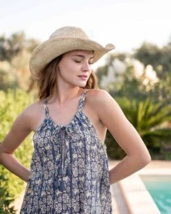 Light & Breezy Dress 21 Light & Breezy Dress -Mersea womens navy blue floral lightweight knee length patio drawstring light and breezy dress close up travel destination look