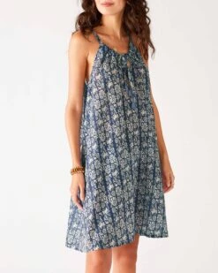 Light & Breezy Dress 22 Light & Breezy Dress -Mersea womens navy blue floral lightweight knee length patio drawstring light and breezy dress front view