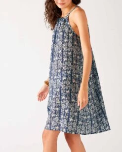 Light & Breezy Dress 23 Light & Breezy Dress -Mersea womens navy blue floral lightweight knee length patio drawstring light and breezy dress side view