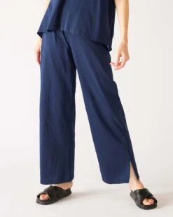Traveler Tee Pant -Mersea womens navy blue wide leg ankle side slit elastic waist pant front view