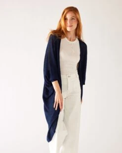 Chelsea Summer Kimono -Mersea womens navy lightwieght chelsea summer travel kimono front view 3