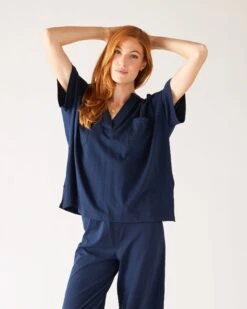 Amelia Short Sleeve Tee -Mersea womens navy short sleeve tee one size chest view