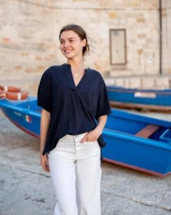 Amelia Short Sleeve Tee -Mersea womens navy short sleeve tee one size chest view travel boat