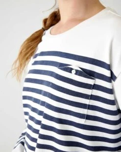 Boater Longsleeve Shirt -Mersea womens navy striped heavy jersey knit crewneck tee shirt with small chest pocket detail