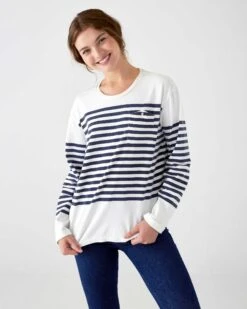 Boater Longsleeve Shirt -Mersea womens navy striped heavy jersey knit crewneck tee shirt with small chest pocket front view 3