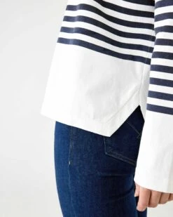 Boater Longsleeve Shirt -Mersea womens navy striped heavy jersey knit crewneck tee shirt with small chest pocket hemline detail