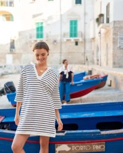 Amelia Tee Dress 10 Amelia Tee Dress -Mersea womens navy striped midweight v neck drop shoulders amelia tee dress travel destination look