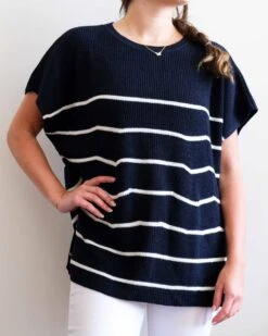 Camden Short Sleeve Sweater -Mersea womens navy striped short sleeve sweater buttons one size chest view