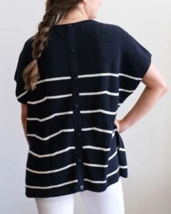 Camden Short Sleeve Sweater -Mersea womens navy striped short sleeve sweater buttons one size rear view detail
