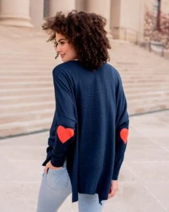 Amour Sweater -Mersea womens navy sweater red hearts one size back view