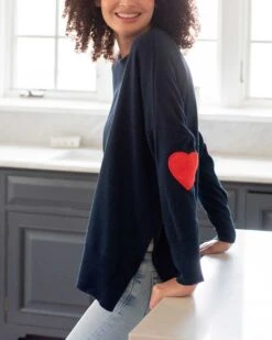 Amour Sweater -Mersea womens navy sweater red hearts one size side view