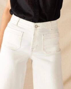 Nomad Cropped Sailor Jean 19 Nomad Cropped Sailor Jean -Mersea womens patch pocket stretchy cropped wide leg white jeans front view close up patch pocket detail