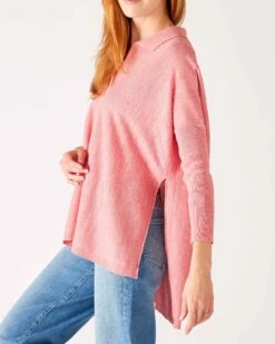 Catalina Polo Sweater 22 Catalina Polo Sweater -Mersea womens pink heathered collared v neck polo sweater side view side slit detail