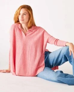 Catalina Polo Sweater 23 Catalina Polo Sweater -Mersea womens pink heathered collared v neck polo sweater sitting front view
