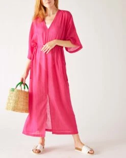 Breezy Kaftan Dress 27 Breezy Kaftan Dress -Mersea womens pink lightweight breathable cinch waist front slit wide elbow length sleeves breezy kaftan dress with bag