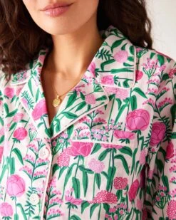 Over The Cotton Moon Pajama Set - Peony Party -Mersea womens pink peony party print wide legged pajama set with pockets and ribbon tie close up shirt buttons and front pocket