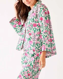 Over The Cotton Moon Pajama Set - Peony Party -Mersea womens pink peony party print wide legged pajama set with pockets and ribbon tie side view