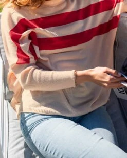Catalina Sweater 23 Catalina Sweater -Mersea womens pink red striped crewneck sweater oversized chest view sitting