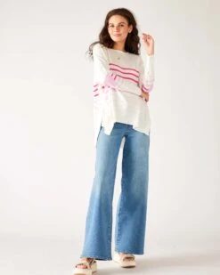 Amour Sweater -Mersea womens pink striped sweater pink hearts one size chest view outfit