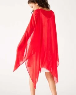 Nellie Wrap -Mersea womens red breathable lightweight fringe hem multi functional nellie travel wrap rear view shoulder drape