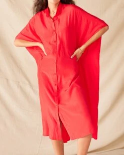 Mallorca Kaftan Dress -Mersea womens red mallorca kaftan dress and coverup with button up front sleeveless drop shoulder and removable self belt open front view