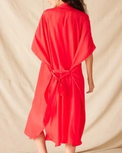 Mallorca Kaftan Dress -Mersea womens red mallorca kaftan dress and coverup with button up front sleeveless drop shoulder and removable self belt rear view