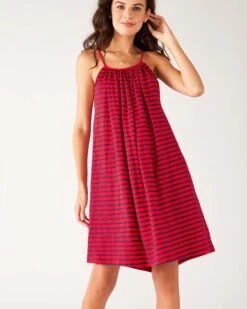 Mersea -Mersea womens red navy striped knee length sailor slub tee dress adjustable tunnel neckline front view