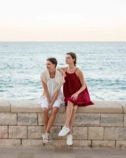 Sailor Slub Tee Dress -Mersea womens red navy striped knee length sailor slub tee dress adjustable tunnel neckline sitting travel destination look