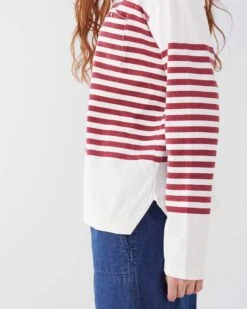 Boater Longsleeve Shirt -Mersea womens red striped heavy jersey knit crewneck tee shirt with small chest pocket side view 2