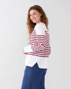 Boater Longsleeve Shirt -Mersea womens red striped heavy jersey knit crewneck tee shirt with small chest pocket side view