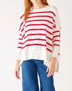 Amour Sweater -Mersea womens red striped sweater blue hearts one size chest view